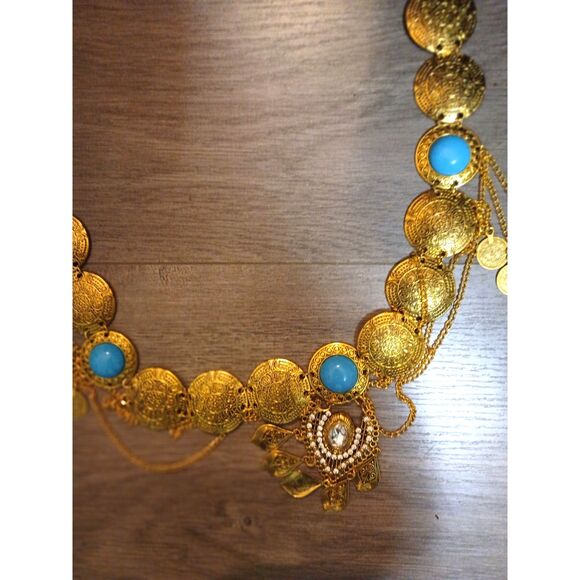 Bohemian Gold Tone Coin Belt 35" with Turquoise Accents Belly Dance Costume - Picture 3 of 4
